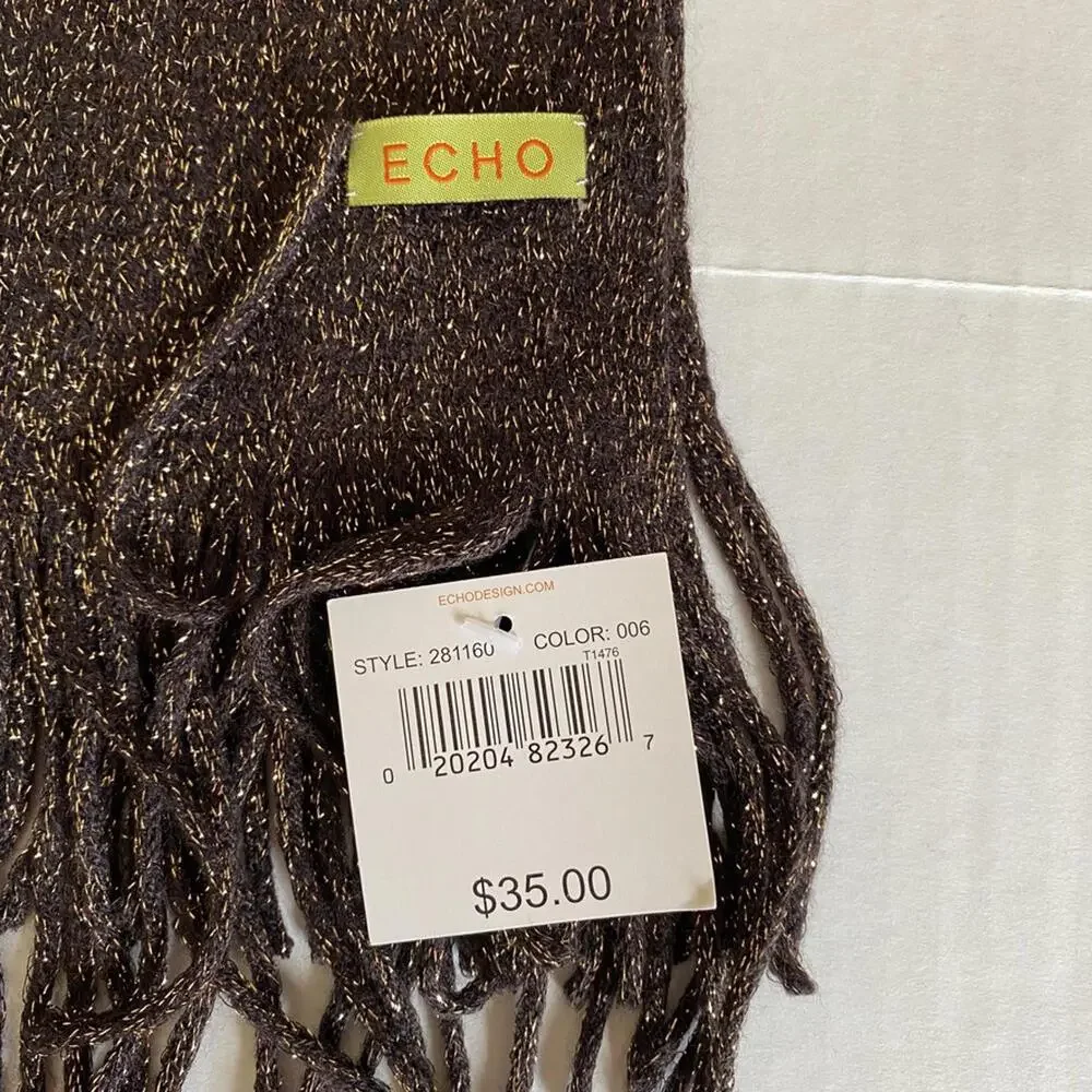 ECHO Metallic Brown Scarf Womens OS NWT Autumnal Boho Chic Knitware Fringe Cozy